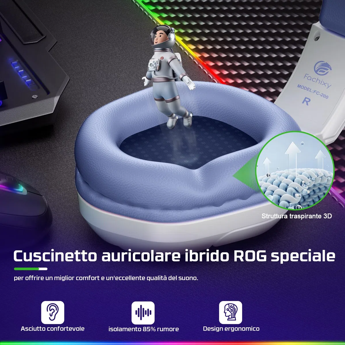 Fachixy FC200 Cuffie Gaming per PS5, PS4, PC, Xbox, Nintendo Switch, con Luce RGB, Microfono, Audio Stereo, con Cancellazione Del Rumore con filo - BIANCO VIOLA