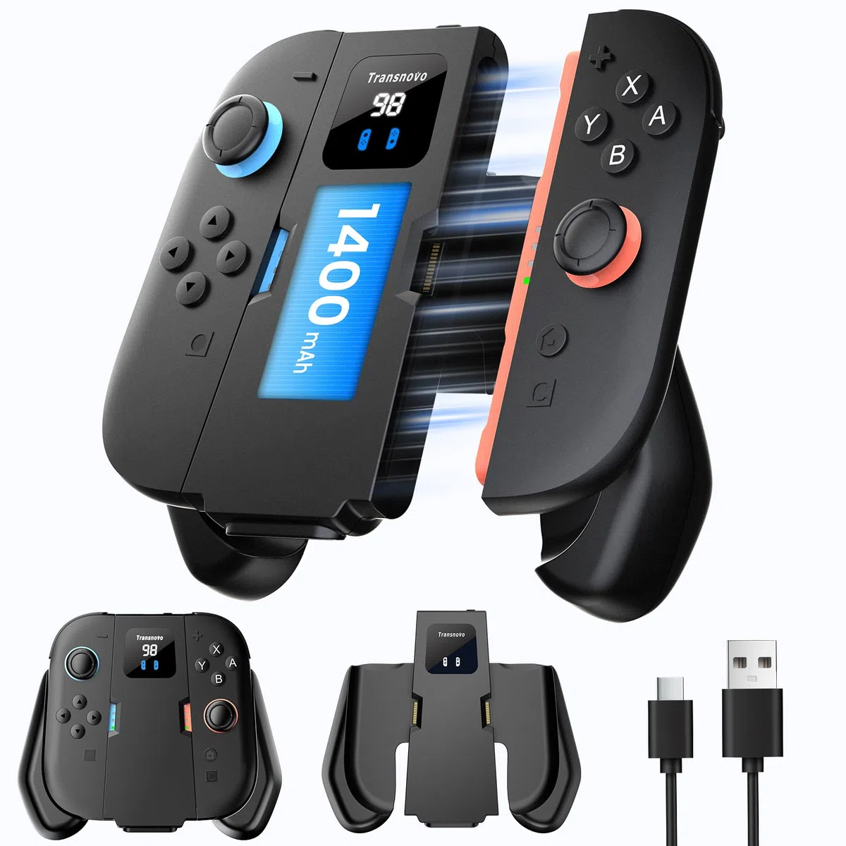 TRANSNOVO Interruttore 2 Impugnatura di Ricarica Compatibile con Nintendo Switch 2 Joycons (2025) (Tipo C 1 m) (nero, Tipo C+1400 mAh)