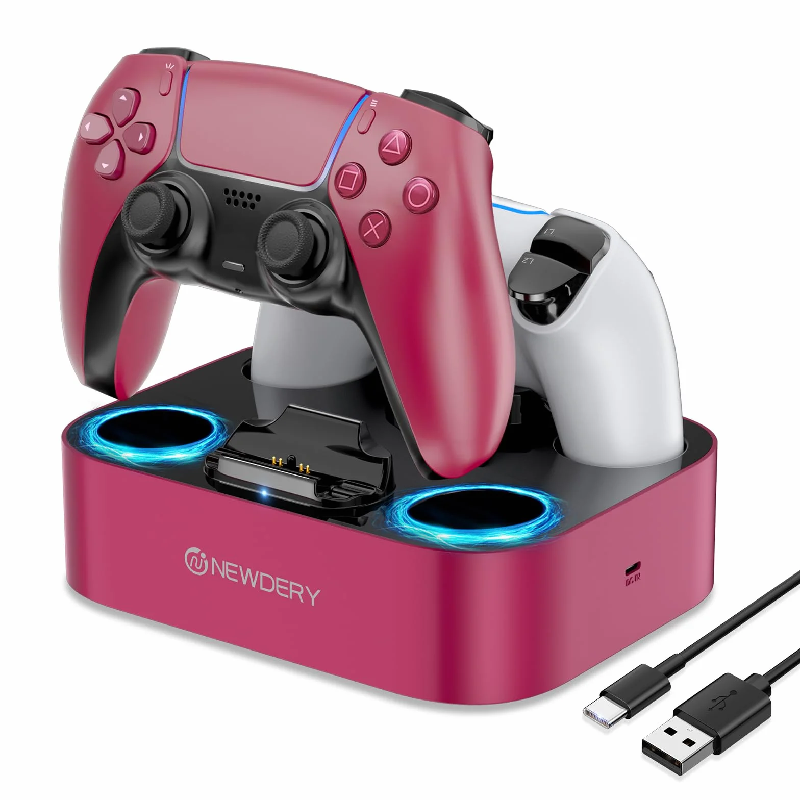 NEWDERY Stazione di ricarica per controller PS5 compatibile con Dualsense Edge, stazione di ricarica rapida con cavo, stazione di ricarica doppio controller per PlayStation 5 e Dual-Sense Edge