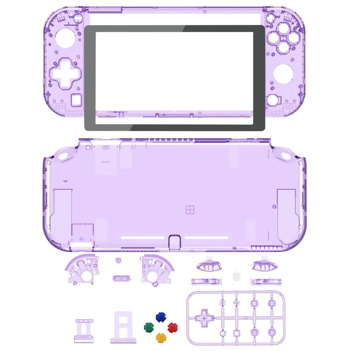 eXtremeRate Custodia Cover Scocca Pulsanti Tasti ABXY DIY Ricambio per Nintendo Switch Lite con Protezione Schermo Pellicola Vetro Temperato(Non Include Console)-Trasparente Viola Atomico