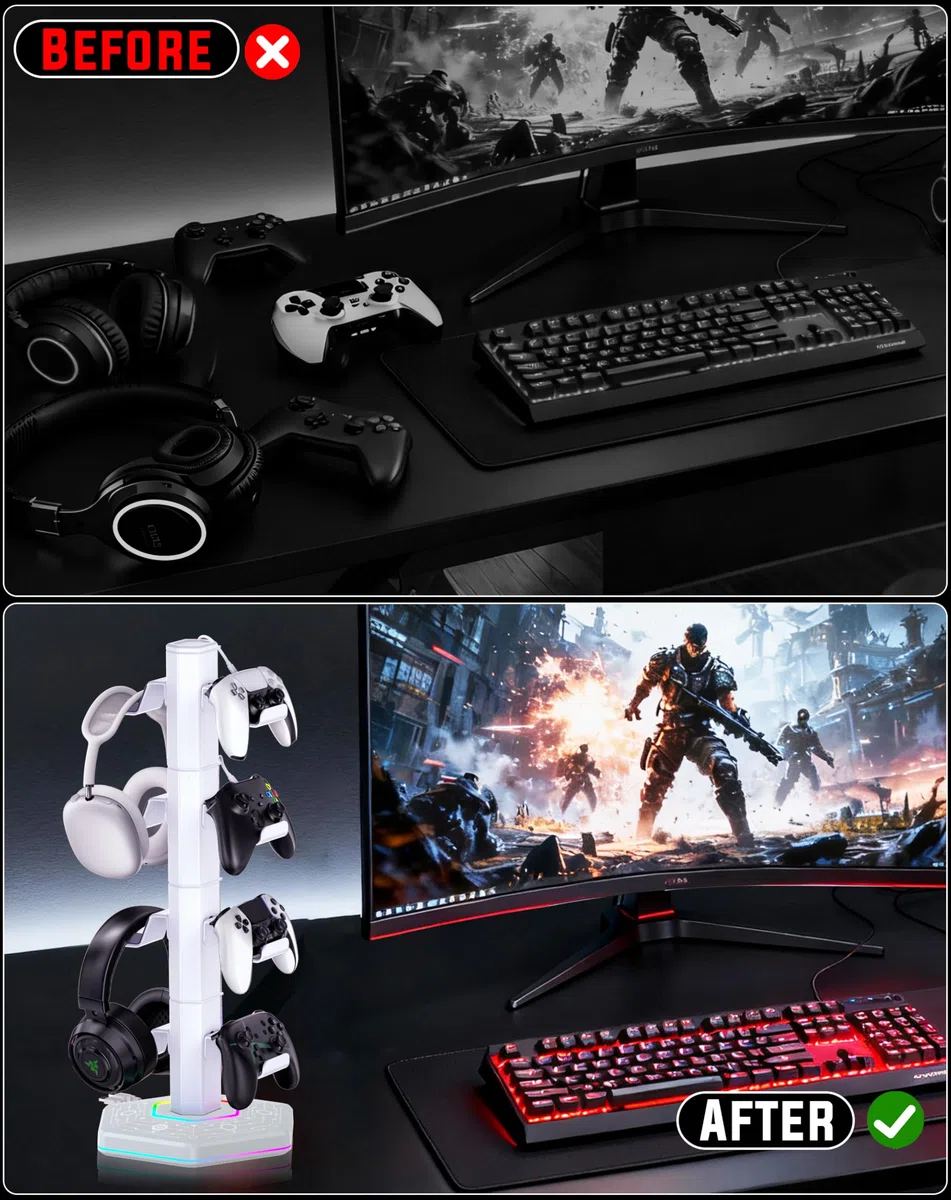 4 Tier Supporto per Controller RGB con 9 Modalità di Illuminazione, Supporto Cuffie Gaming con 2 Porte USB 3.0 e Organizer per Cavi, Stand per Cuffie, Bianco