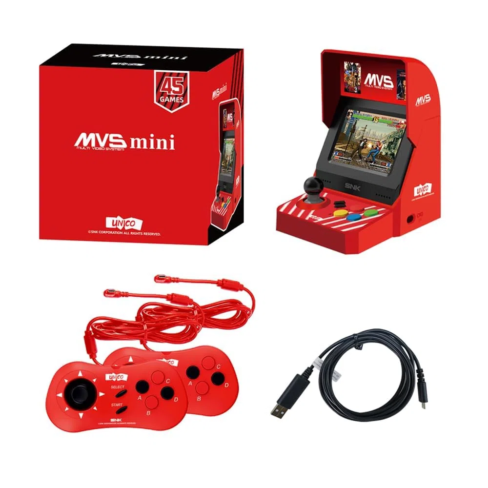 UNICO MVS Mini Arcade e set di 2 controller rossi [cavo HDMI incluso], con 45 giochi SNK con licenza ufficiale preinstallati, regali per adulti e bambini