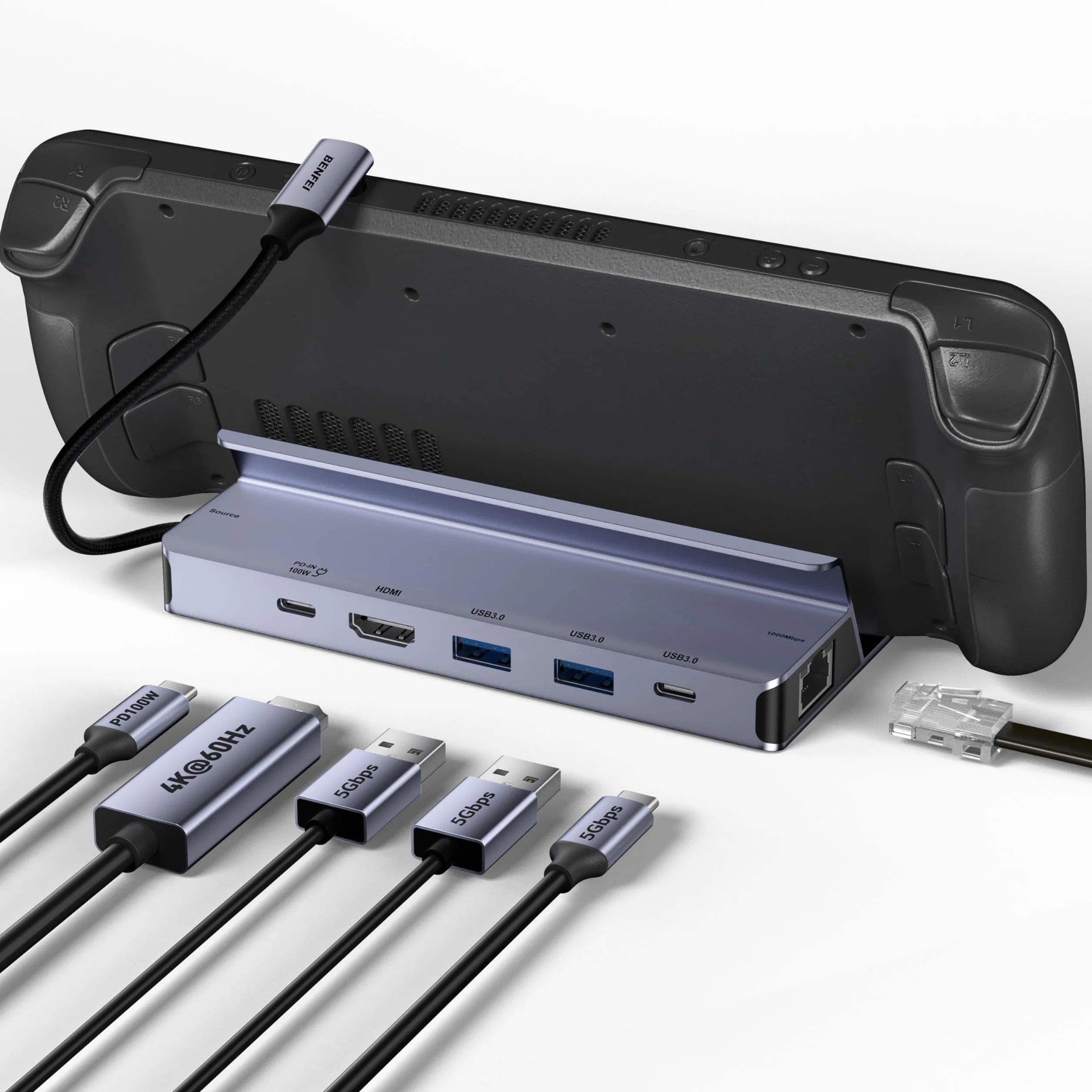 BENFEI Steam Deck Dock, docking station per Steam Deck (OLED)/ROG Ally/Legion Go, hub USB-C 6 in 1 con HDMI 4K@60Hz, Ethernet 1Gbps, 1 porta USB-C, 2 porte USB 3.0, ricarica PD 100W
