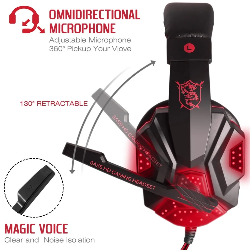Gaming Headset con microfono e LED Light per laptop, portatile, PS4 e il nuovo Xbox One, DLAND 3.5mm Wired Noise Isolamento Gaming Headphones - Controllo del Volume (Nero e Rosso).