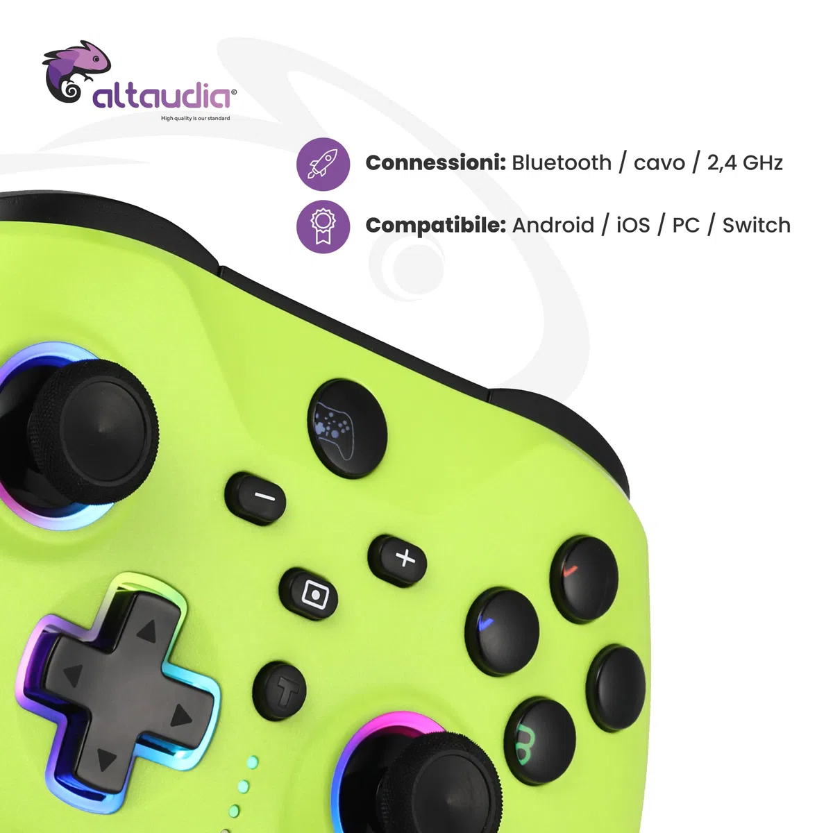 Altaudia Controller Wireless Bluetooth per PC - Compatibile con PC, Switch/Smartphone Android e iOS, Connessione USB, 2 Pulsanti Macro, Doppia Vibrazione, 6 Assi, Luci LED RGB, Colore Verde
