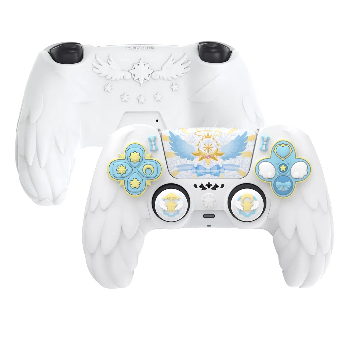 playvital Cover Controller per ps5 Joystick Custodia Silicone Skin Protettivo Grip Antiscivolo & Copri Analogici & Adesivi Carini, Adatto per ps5 Base di Ricarica, Ali Magiche-Bianco