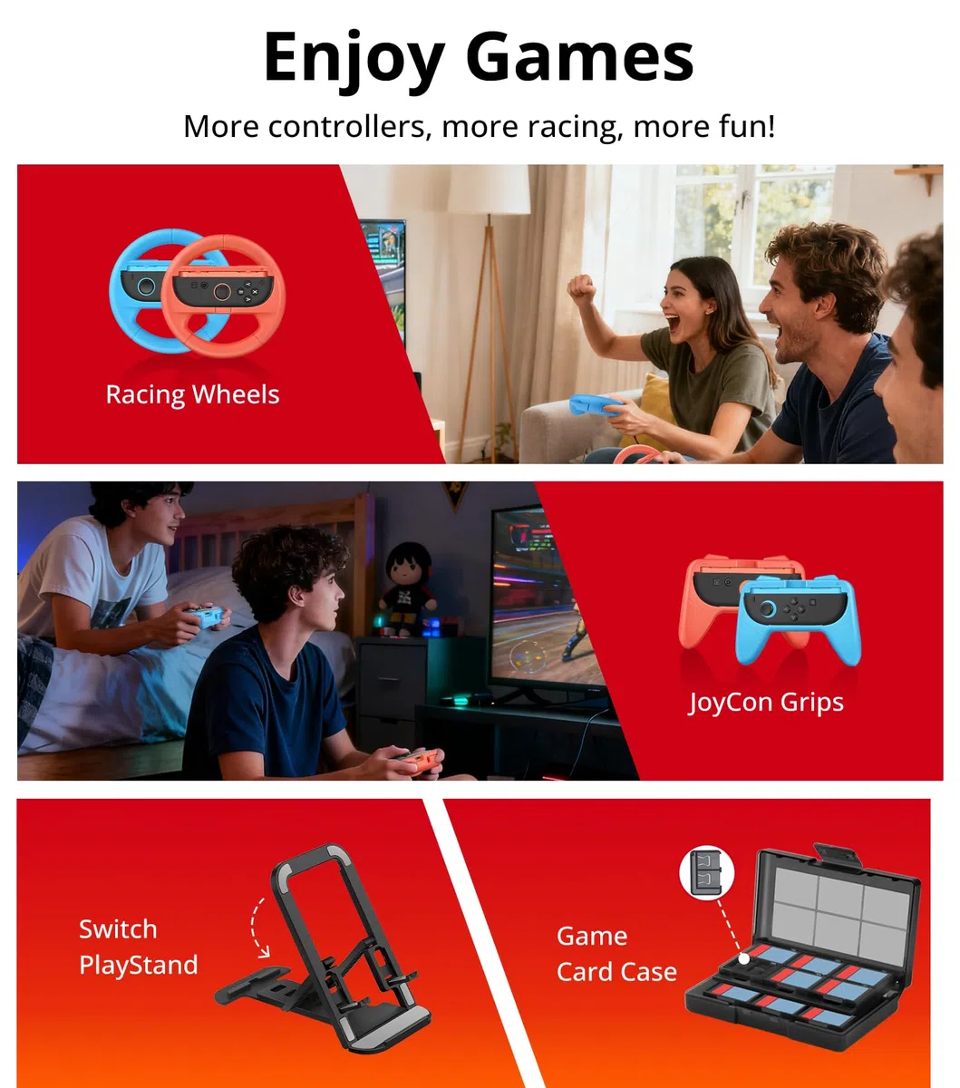 iVoler 21 in 1 Kit di Accessori per Nintendo Switch 2 - Include Custodia di Ricarica, Cover Protettiva, Pellicole Protettive, Volanti, Impugnature, Supporto, Custodia per Schede di Gioco, ecc - Nero