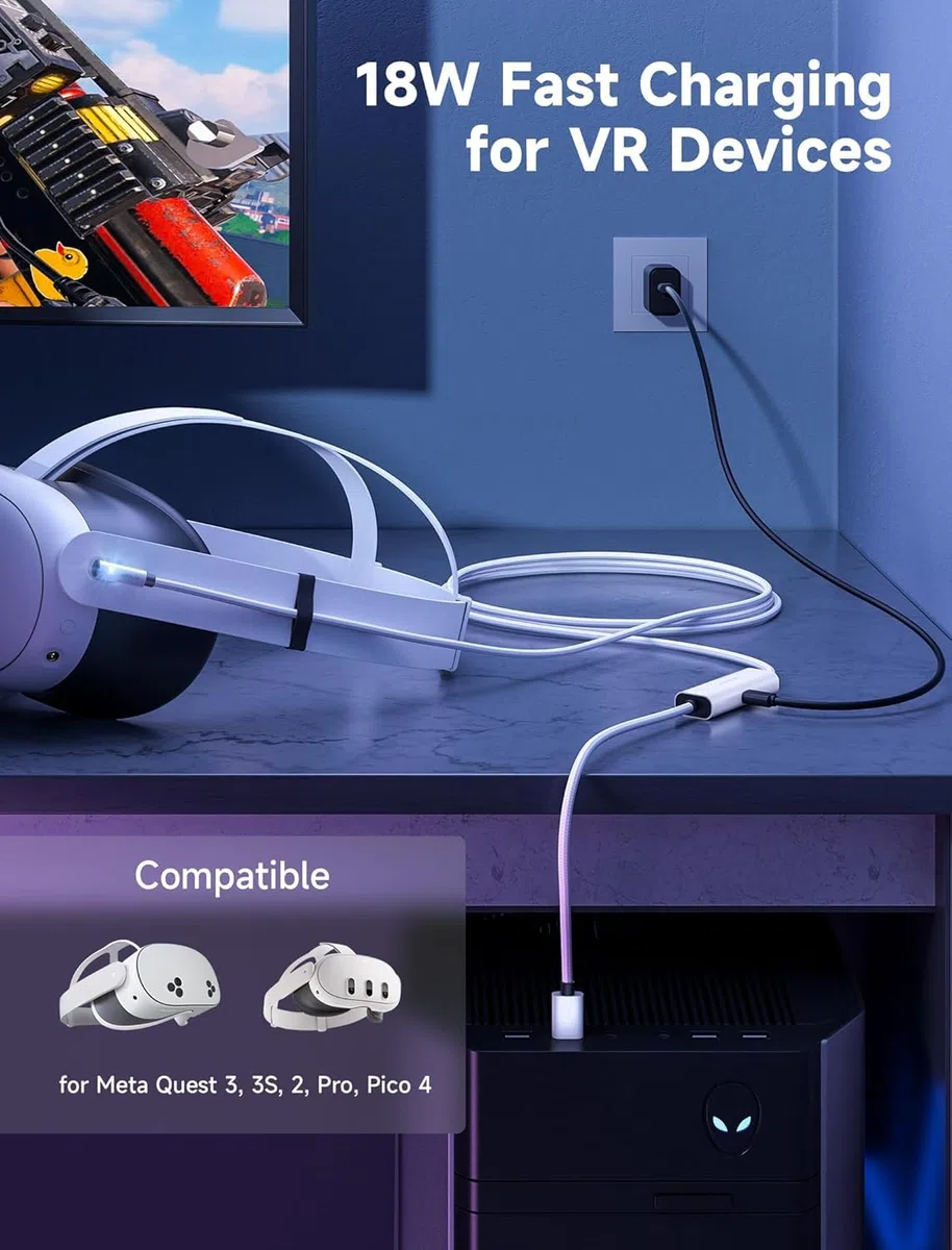 JSAUX Cavo Link 16ft con Ricarica 18W, Compatibile con Oculus Meta Quest 3S/3/2/Pro e Pico 4, Accessori PC VR e Steam VR, Cavo Dati 2-in-1 USB 3.0 ad Alta Velocità 5Gbps USB C per Visori VR