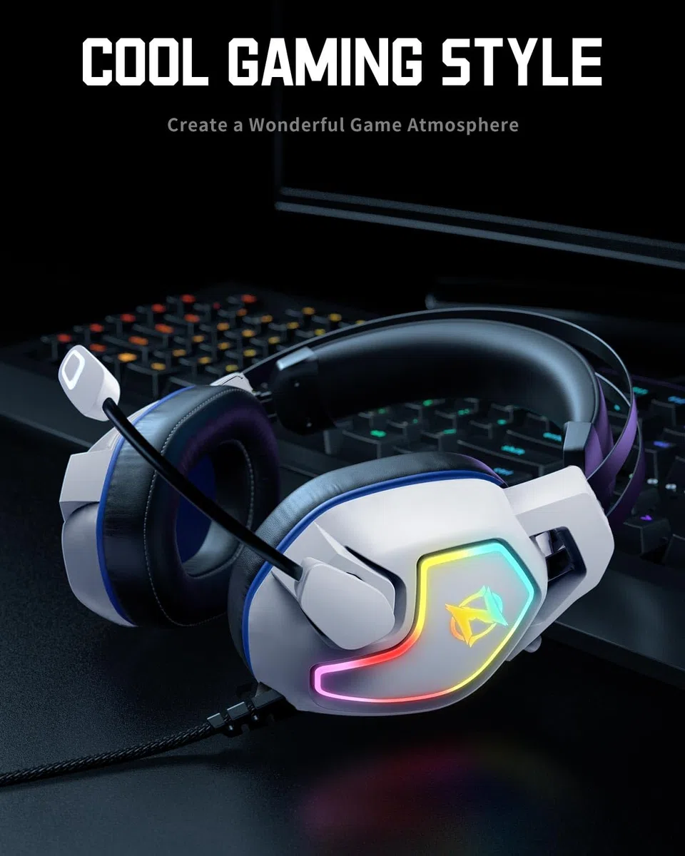 Ozeino Cuffie da gioco per PS4 PS5 PC Xbox One Switch, cuffie over-ear con suono surround, microfono con cancellazione del rumore, fascia a sospensione bianca