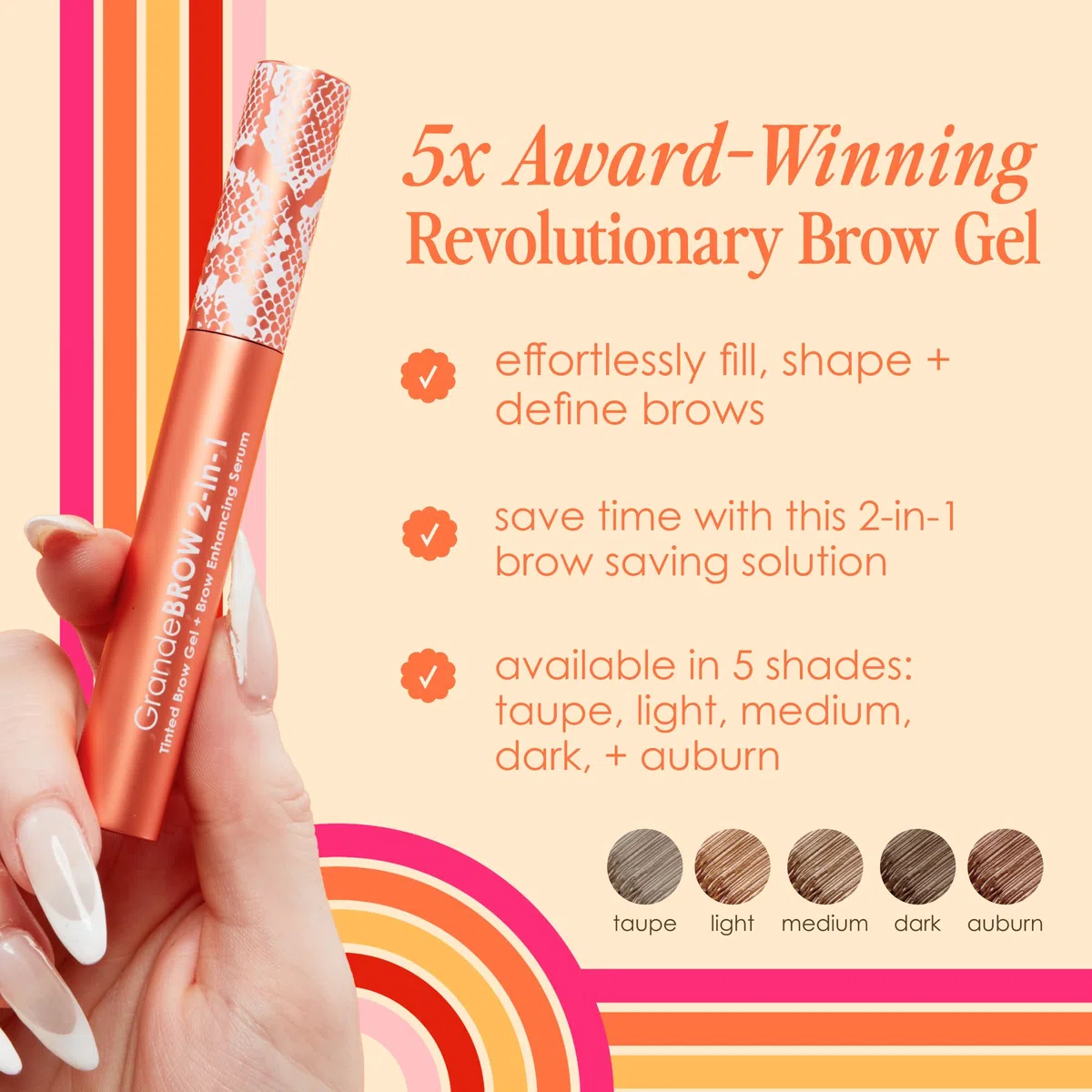 Grande Cosmetics GrandeBROW 2-in-1 Brow Gel Colorato per Sopracciglia + Siero Potenziante - Colore e Volume Immediati - Sopracciglia Visibilmente Più Spesse - Tono Medio