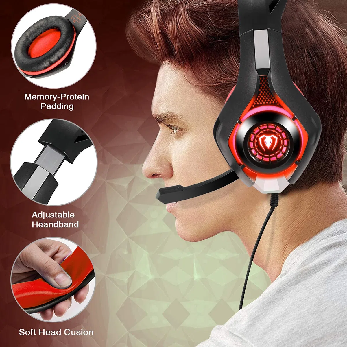 BlueFire Cuffie Gaming per Xbox one, Cuffie da Gioco con 3.5mm Jack LED e Microfono Insonorizzato,Bass Stereo Audio Surround Cuffie da Gaming per PS4/ PS5/ Xbox/PC/Laptop (Rosso)
