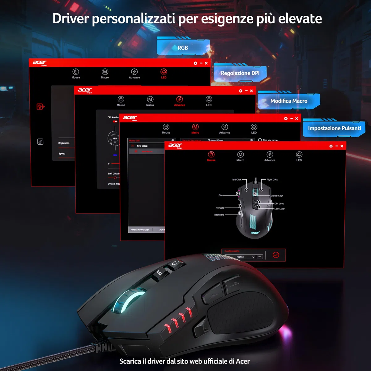 Acer Mouse Gaming Cablato per PC, Sensore da 12800 DPI, 8 Pulsanti Programmabili con Tasti Laterali, Pulsante di Fuoco Programmabile con Macro, RGB Personalizzabile, Mouse da Gioco per MOBA/FPS