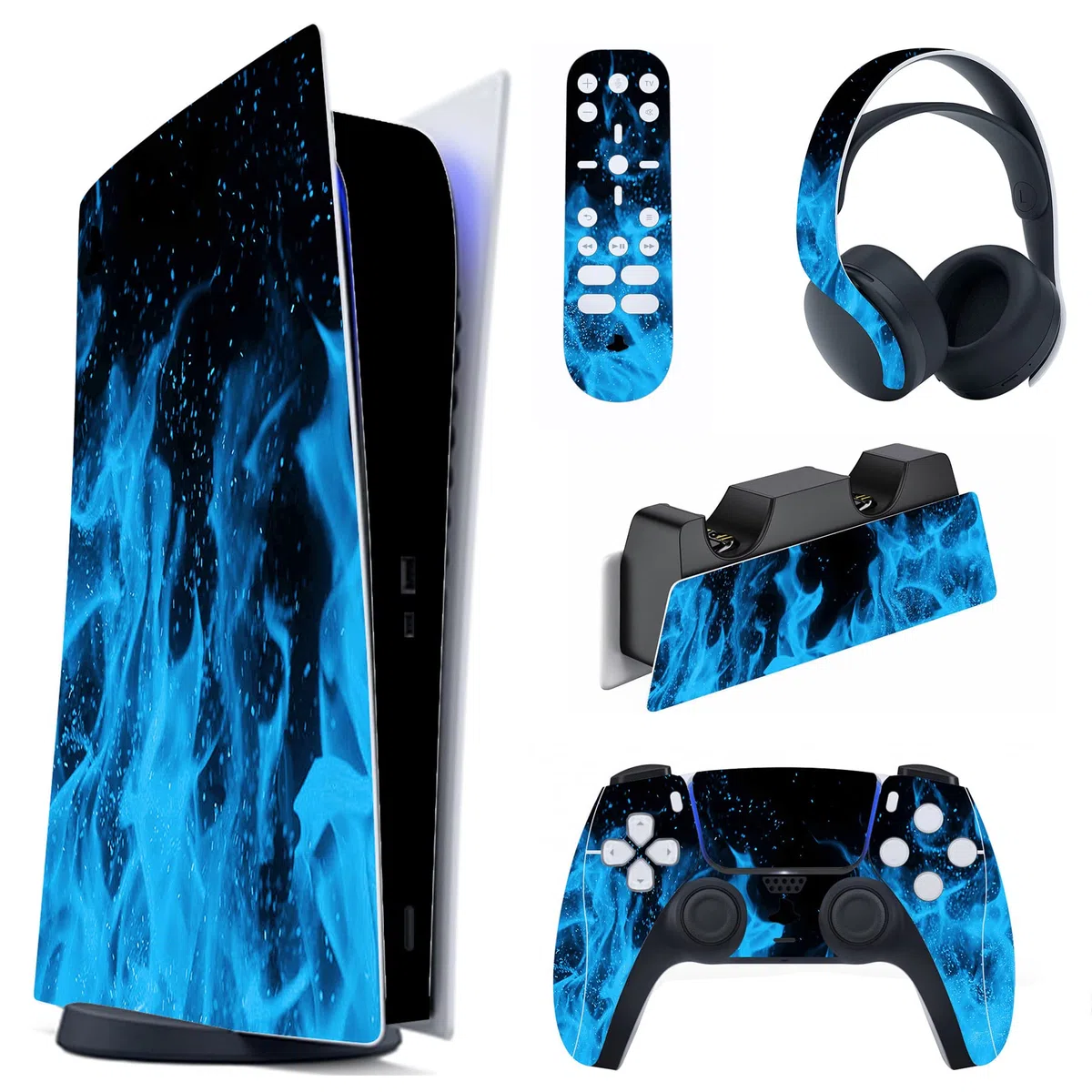 PlayVital Adesivo Skin per ps5 Standard Console Digital Edition&Controller&Telecomando&Cuffie&Base di Ricarica, Cover Sticker Decal Vinile(Non per ps5 Slim/Pro), Fiamma Blu