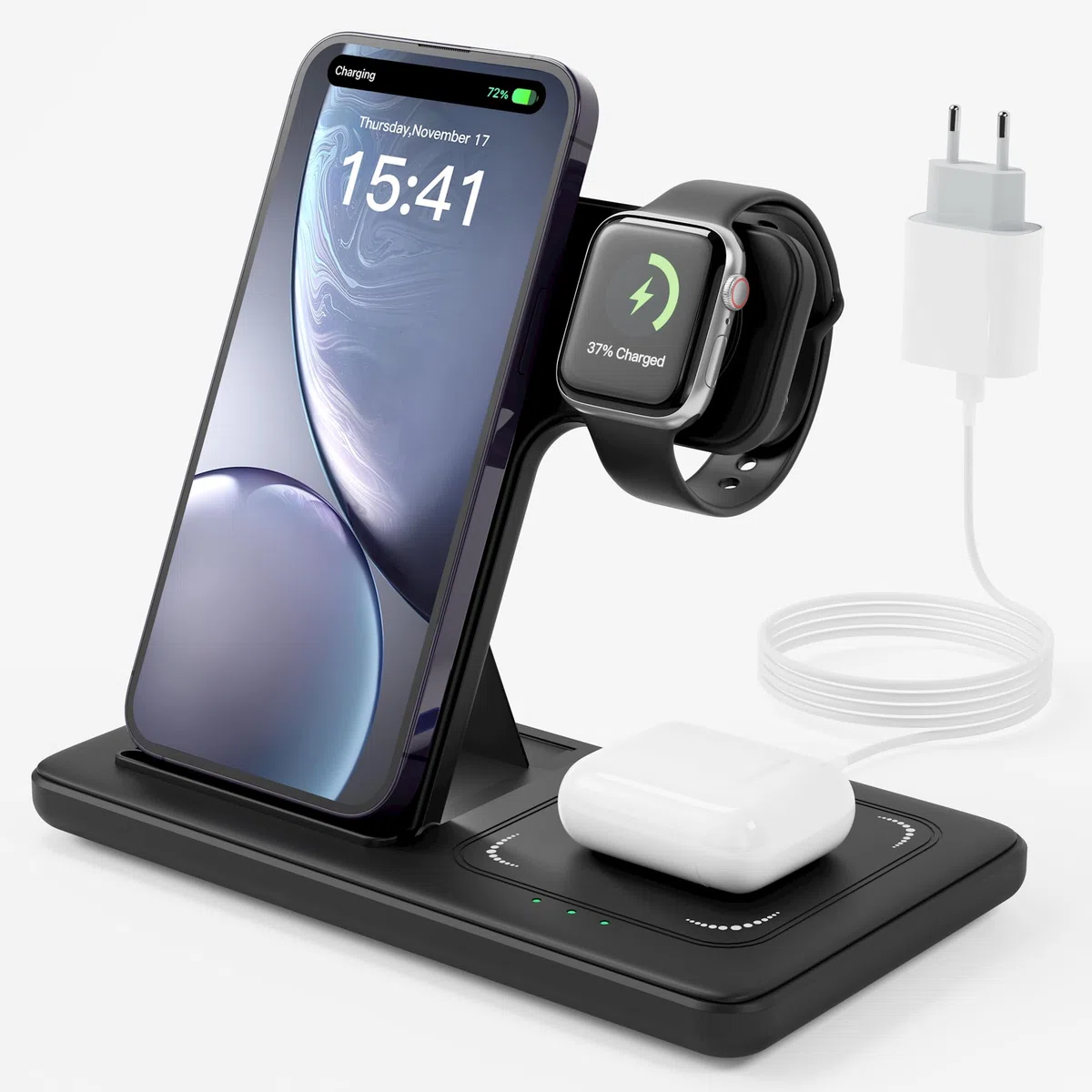 Caricatore Wireless 3 in 1, Ricarica Wireless Charger, 15W Stazione di Ricarica Replacement for iPhone 16/15/14/13/12 Pro/Max/Plus/XS/XR/X, Watch Ultra 10/9/8/7/6/5/4/3/SE, Earbuds Pro 4/3/2 LUOATIP