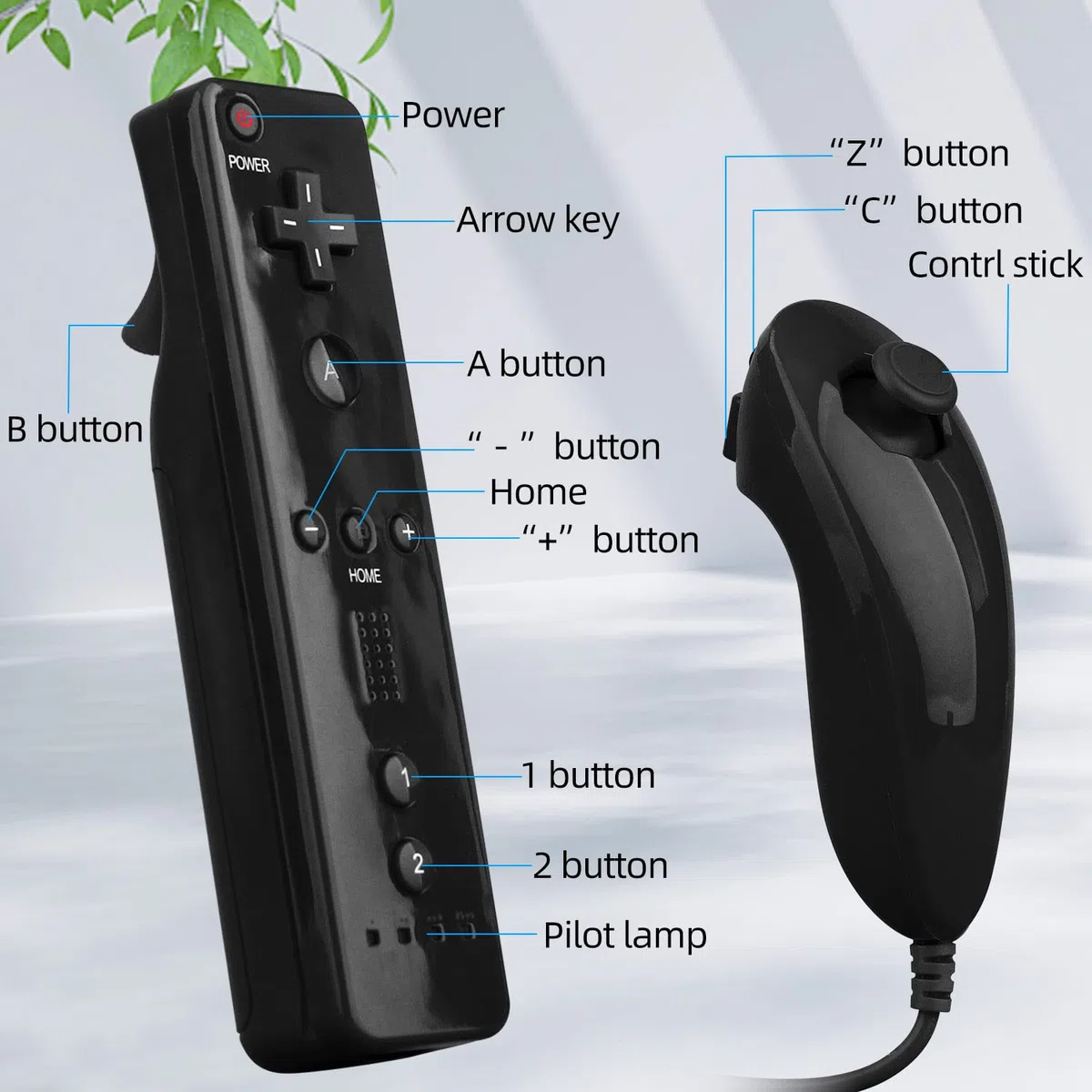 OSTENT Telecomando per sensore di movimento + Wired Nunchuck Combo compatibile per console Nintendo Wii Colore nero