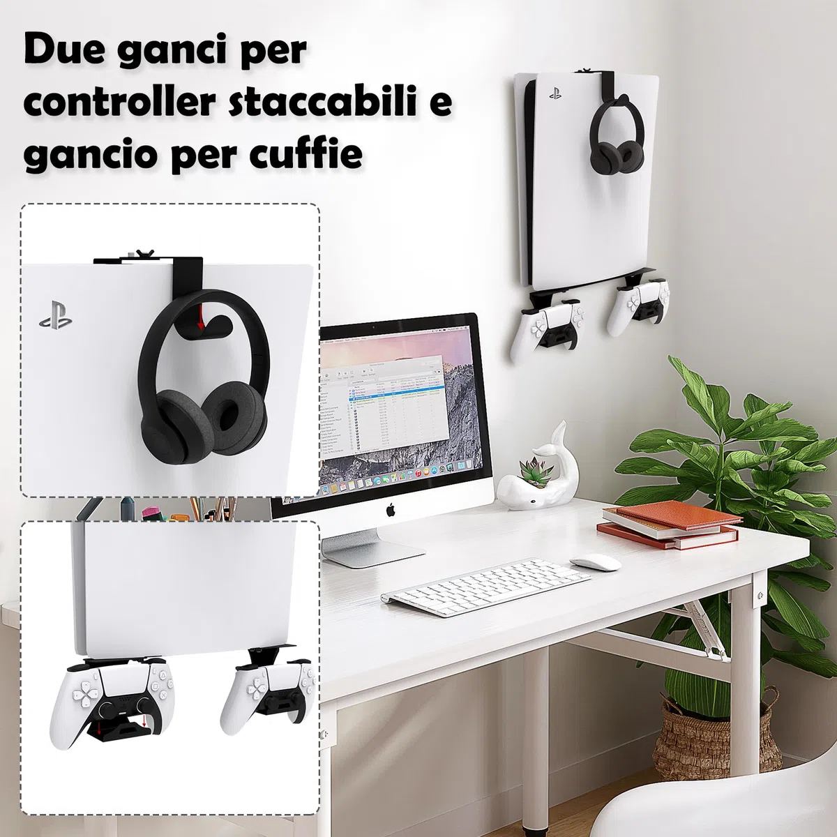 Supporto da parete per PS5/PS5 Slim/PS5 Pro con supporto per controller e supporto per cuffie, accessori in metallo solido per PS5 - Nero