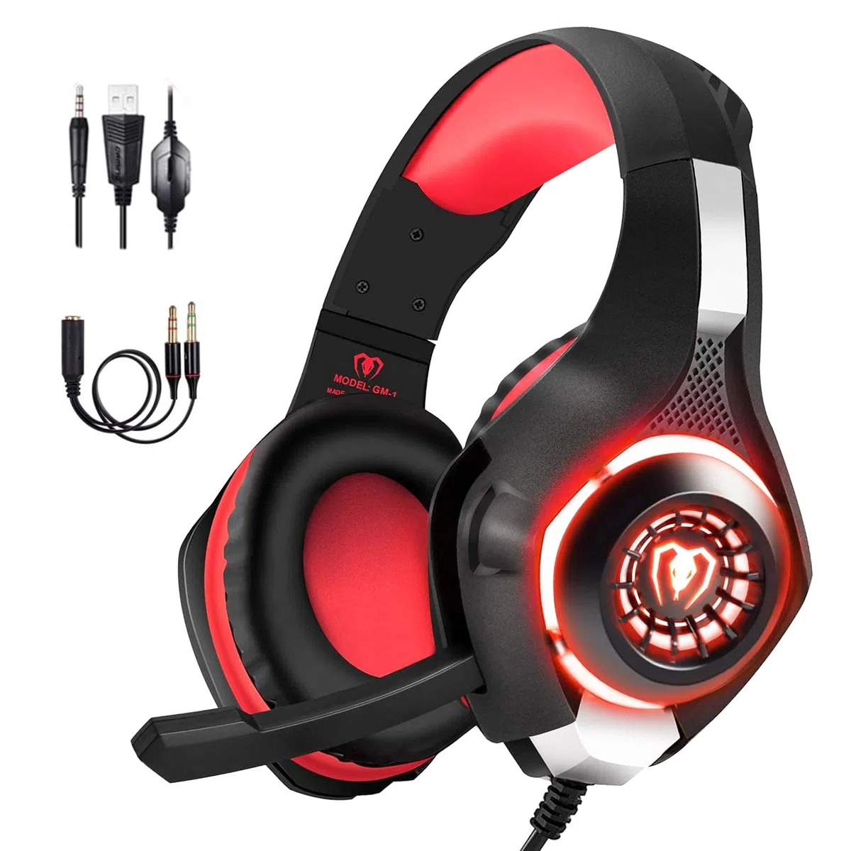 BlueFire Cuffie Gaming per Xbox one, Cuffie da Gioco con 3.5mm Jack LED e Microfono Insonorizzato,Bass Stereo Audio Surround Cuffie da Gaming per PS4/ PS5/ Xbox/PC/Laptop (Rosso)