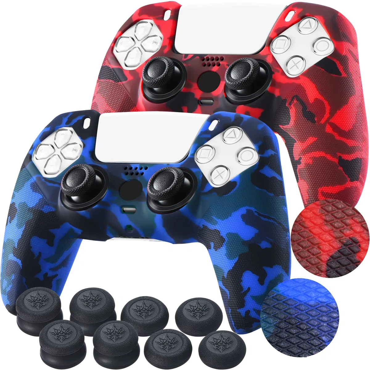 YoRHa Borchie Stampato Cassa Pelle Copertura Silicone skin Cover Custodia per PS5 Dualsense Controller x 2 (Rosso + Verde) Con PRO Presa del Pollice Thumb Grips x 8