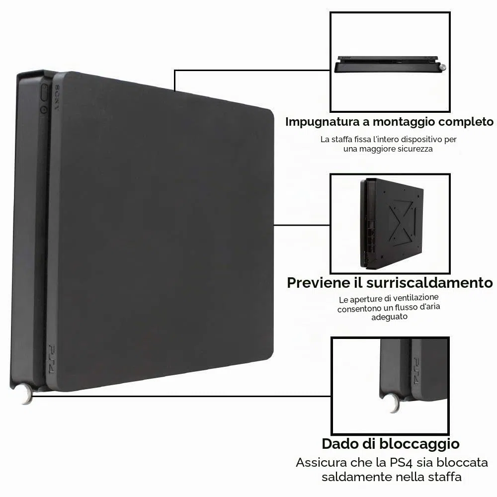 HumanCentric Supporto PS4 per PS4 Slim + 2 supporti per controller Bundle | Montaggio a parete o sul retro della TV