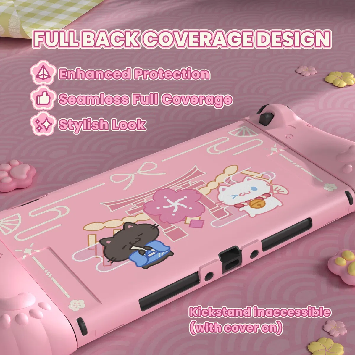 playvital Cover Dockable per Nintendo Switch 2, Custodia Silicone per Joycon 2&Copertura Console Protettiva Rigida&Supporto Regolabile Extra&Copri Analogici Carini, Gattino di Fiori-Rosa